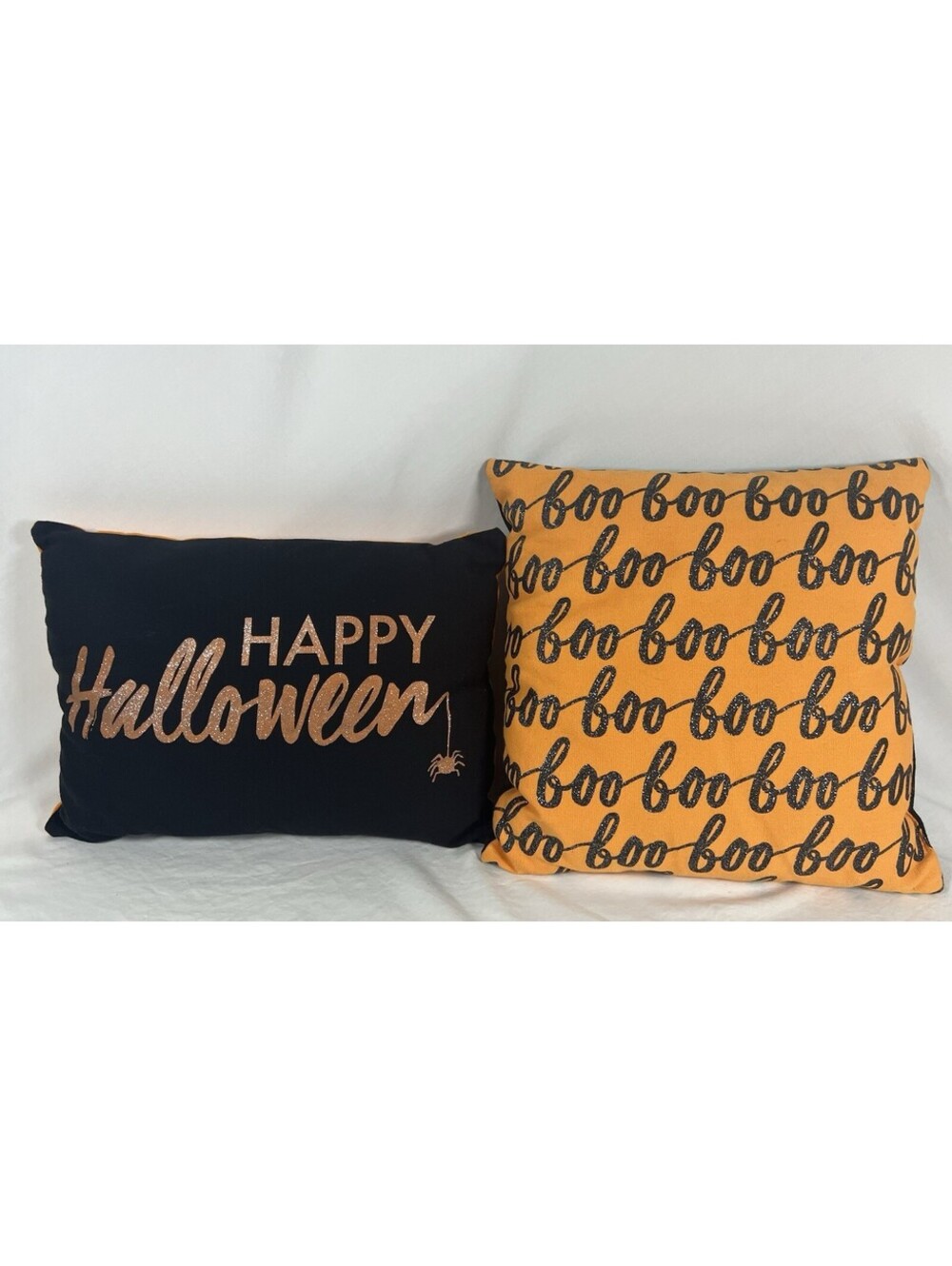 Set of 2 Halloween Decorative Throw Pillows Black & Orange Festive Holiday Decor
